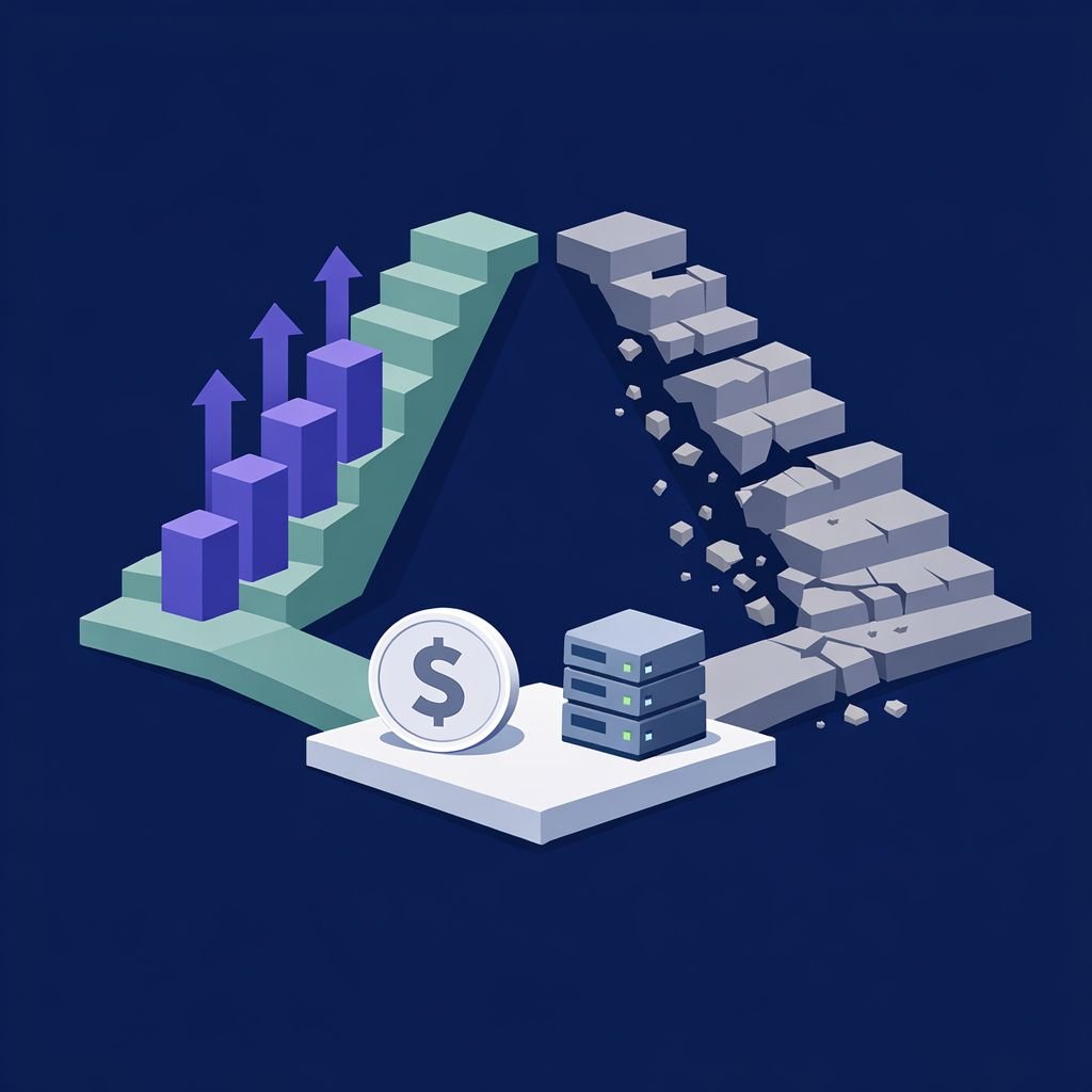 Flat isometric illustration on dark navy (#1D1F45) background. A split-scene showing two parallel paths. Left path shows a sm