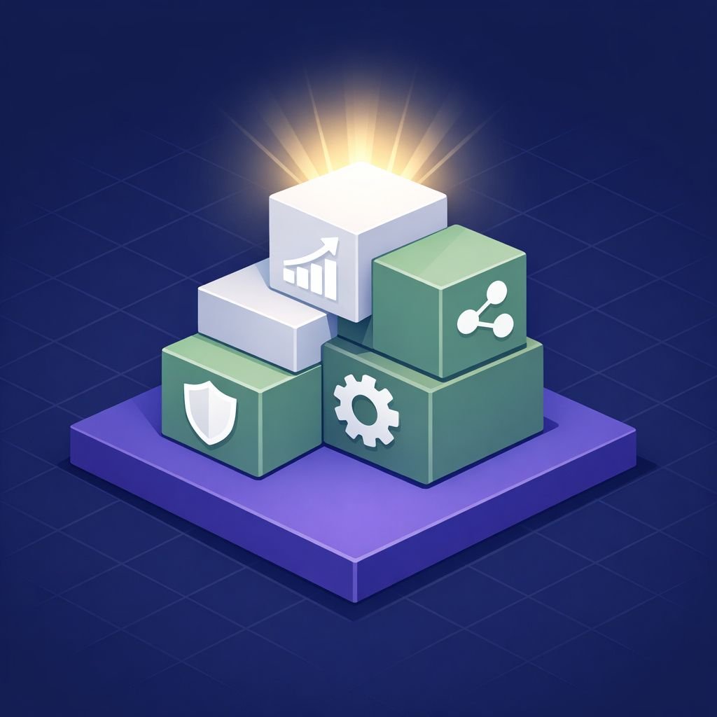 Clean flat isometric illustration on dark navy (#1D1F45) background. A solid foundation platform in purple (#6369D1) supports