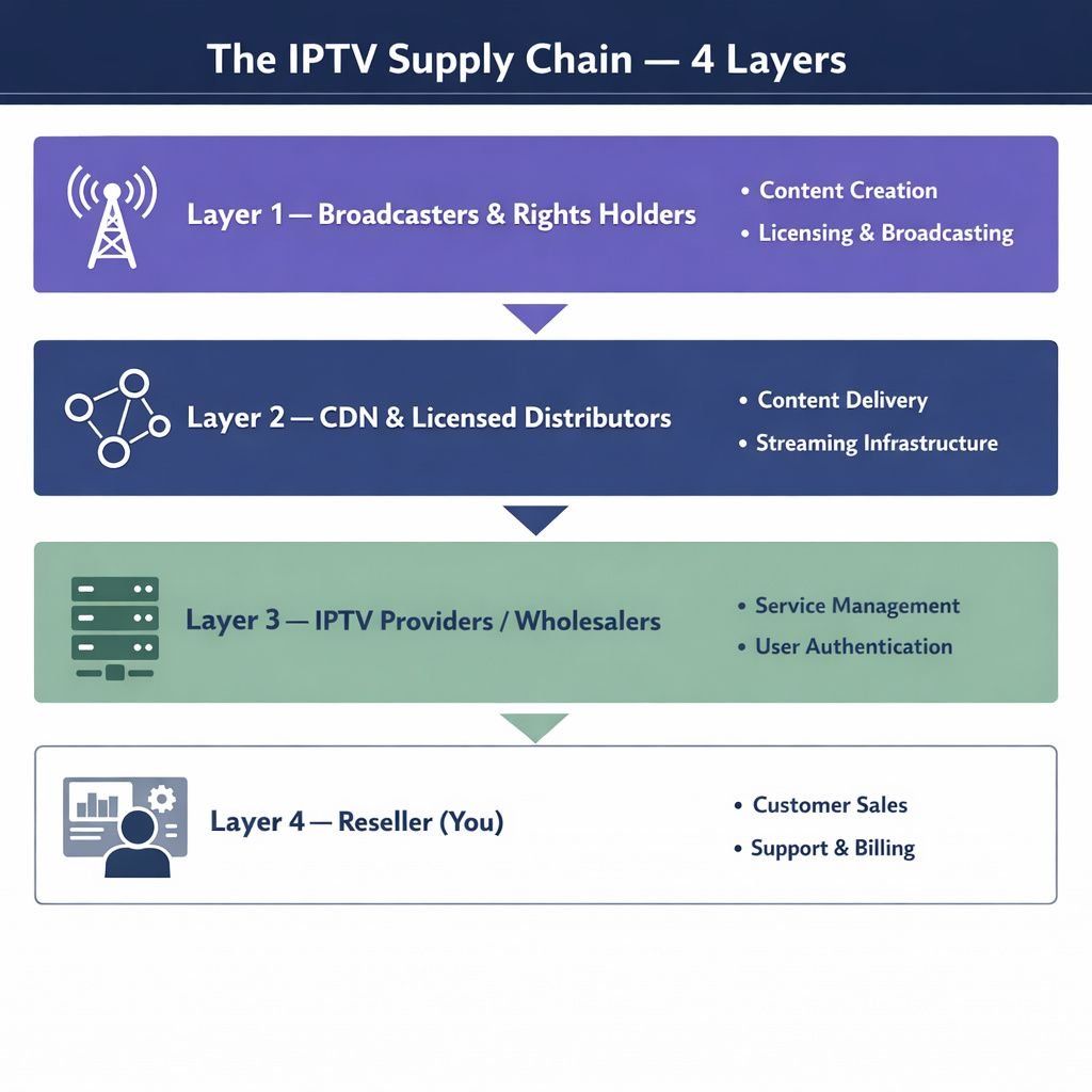 Clean flat infographic in landscape 16:9. Title at top in white on dark navy #1D1F45 panel: 'The IPTV Supply Chain — 4 Layers