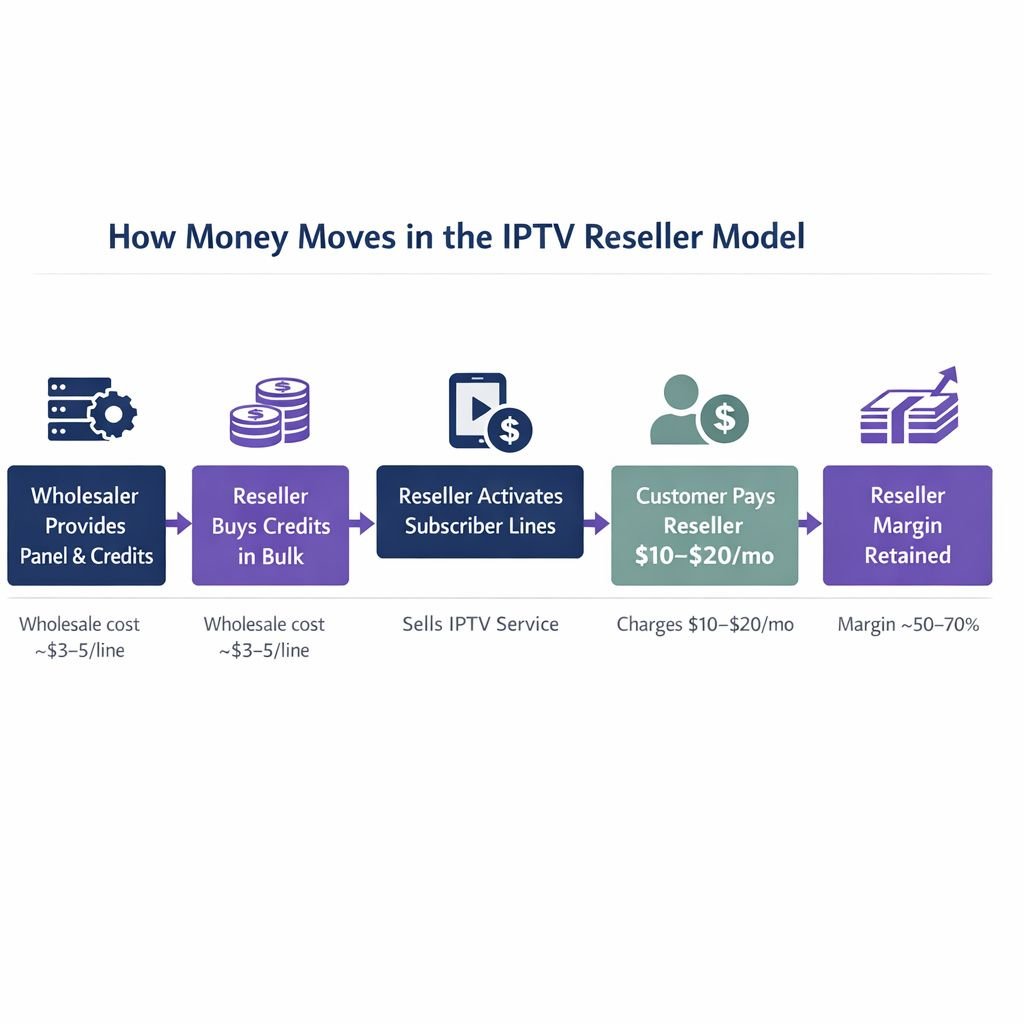 Clean process flow diagram on white background, landscape 16:9. Title in dark navy #1D1F45 at top: 'How Money Moves in the IP