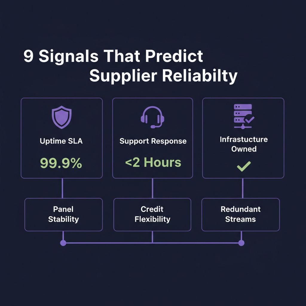 Clean flat infographic in 16:9 landscape on dark navy #1D1F45 background. Title in white: '9 Signals That Predict Supplier Re