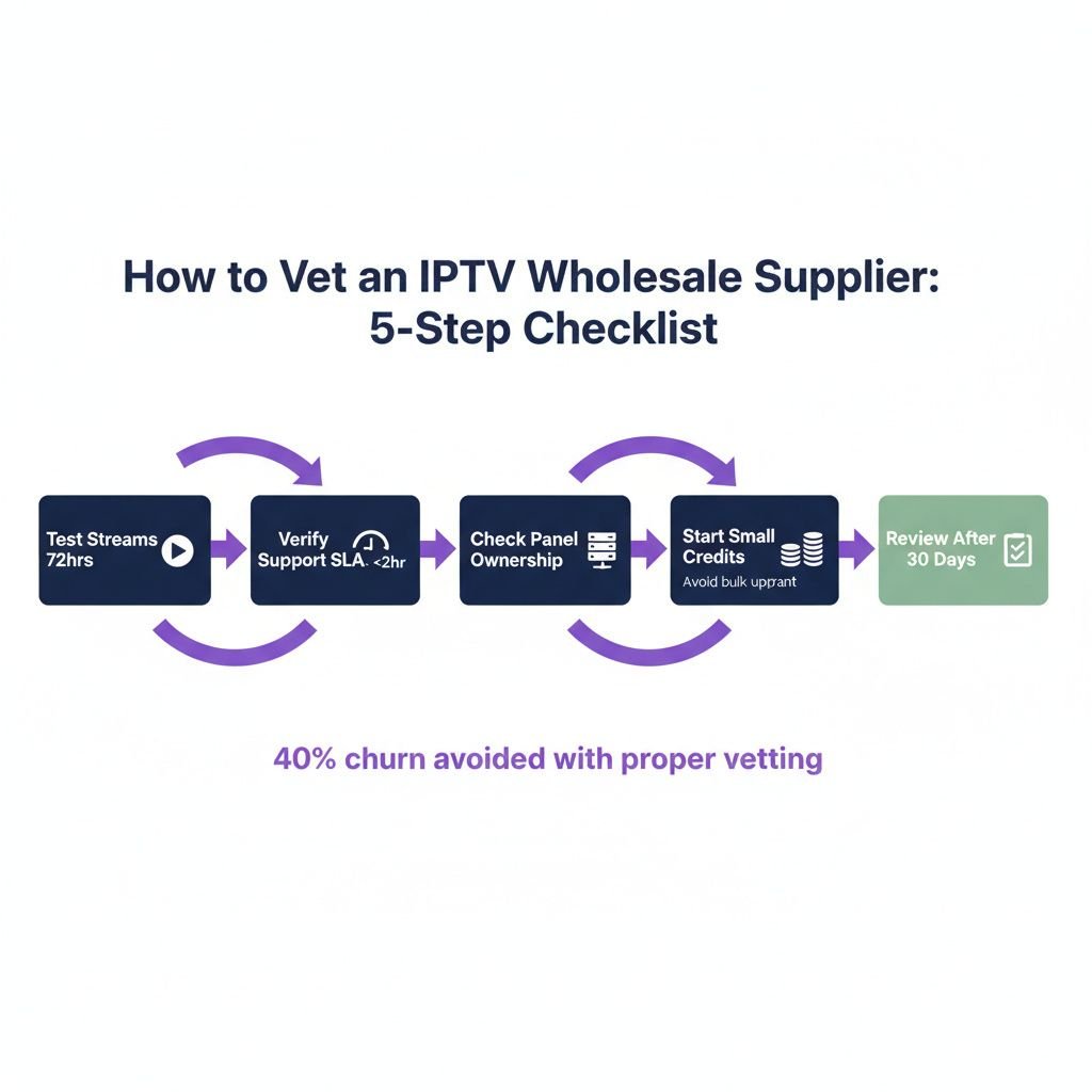 Clean process flow diagram in 16:9 landscape. White background. Title in dark navy #1D1F45 bold text at top: 'How to Vet an I