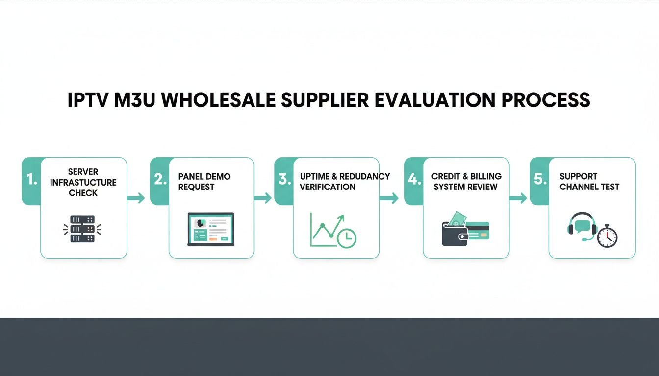 Landscape process flow diagram with 5 clearly labeled steps showing how to evaluate an IPTV M3U wholesale supplier. Step 1: '
