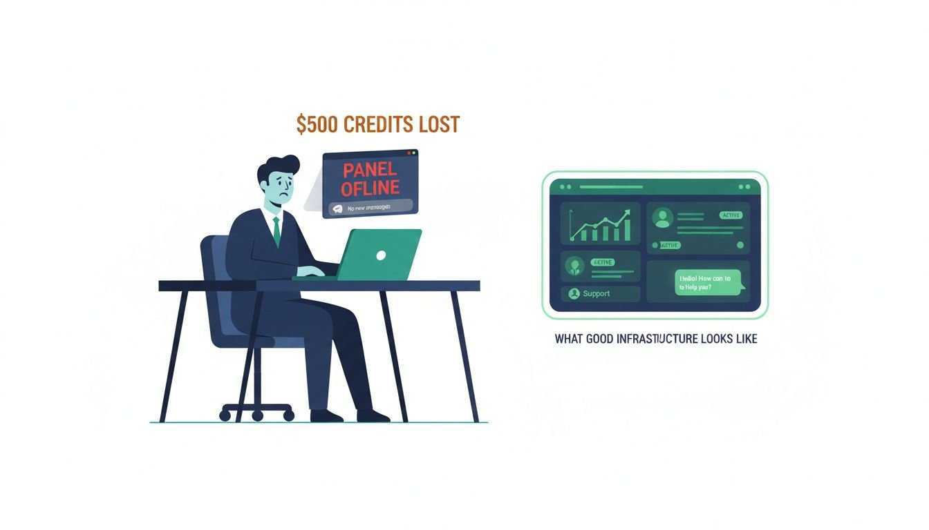 Clean minimal landscape illustration depicting a cautionary business scenario. A reseller figure sits at a desk looking at a