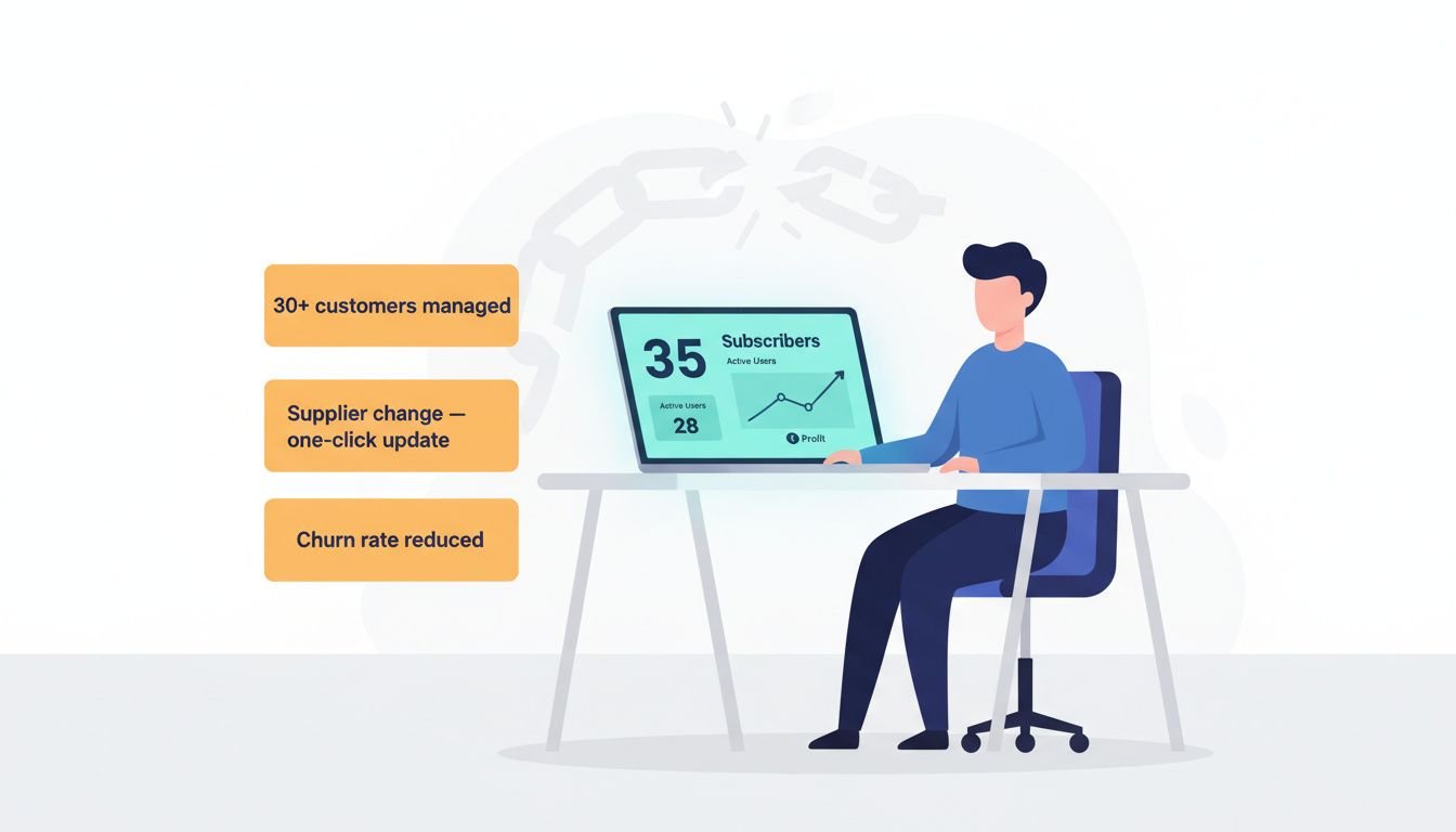 Reseller Managing Scale with IPTV Panel: Landscape minimal flat illustration depicting a reseller business scenario. A confid