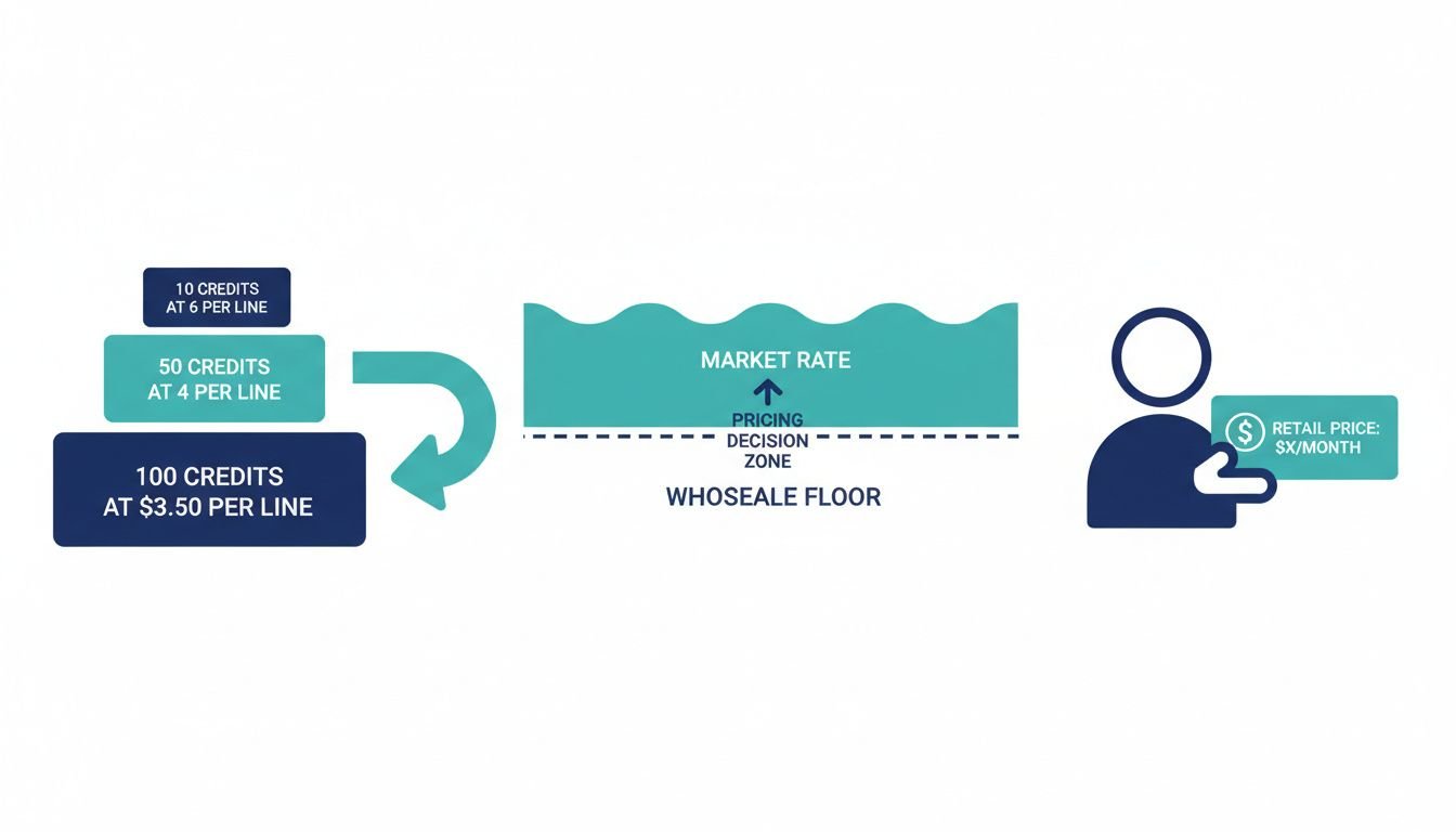 Wholesale Cost vs Retail Pricing: Landscape flat illustration showing the relationship between wholesale credit cost and reta