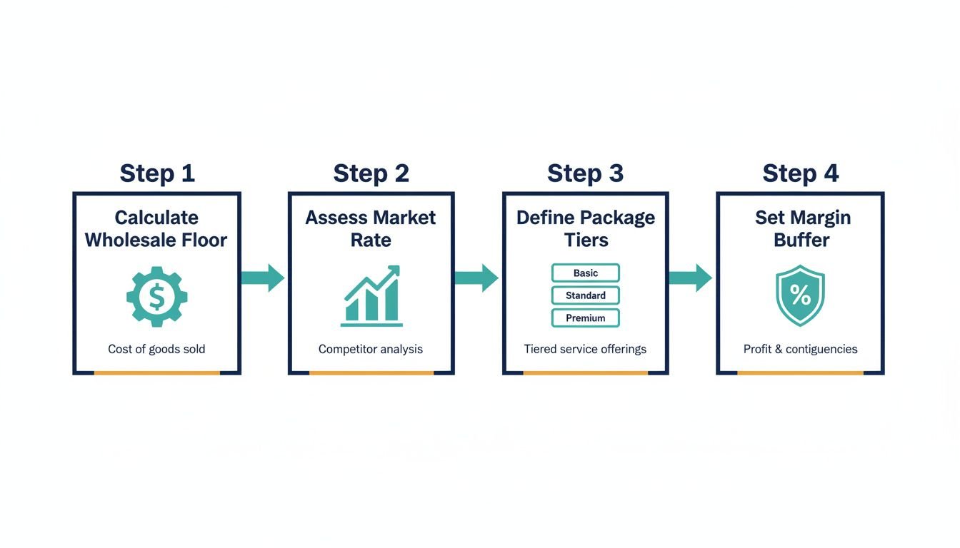 4-Step Pricing Structure Process: Landscape process flow diagram with 4 clearly labeled steps showing how an IPTV reseller sh