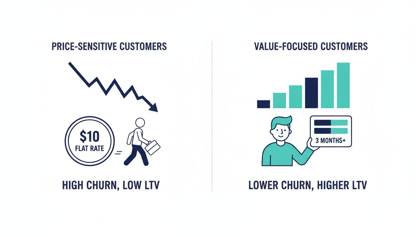Churn Rate vs Customer Lifetime Value: Clean minimal landscape illustration showing the business impact of price-sensitive cu