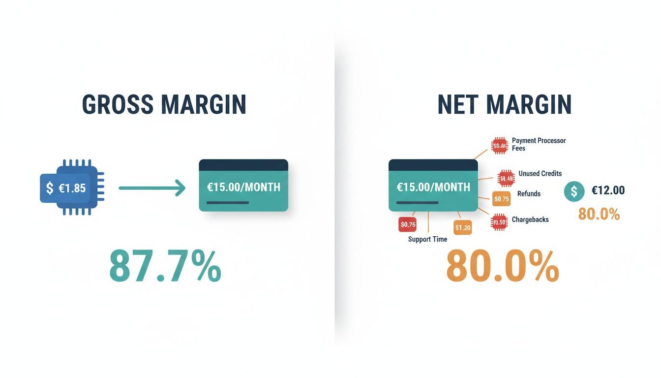 Gross vs Net Margin Gap: Landscape flat illustration showing the relationship between gross margin and net margin in an IPTV