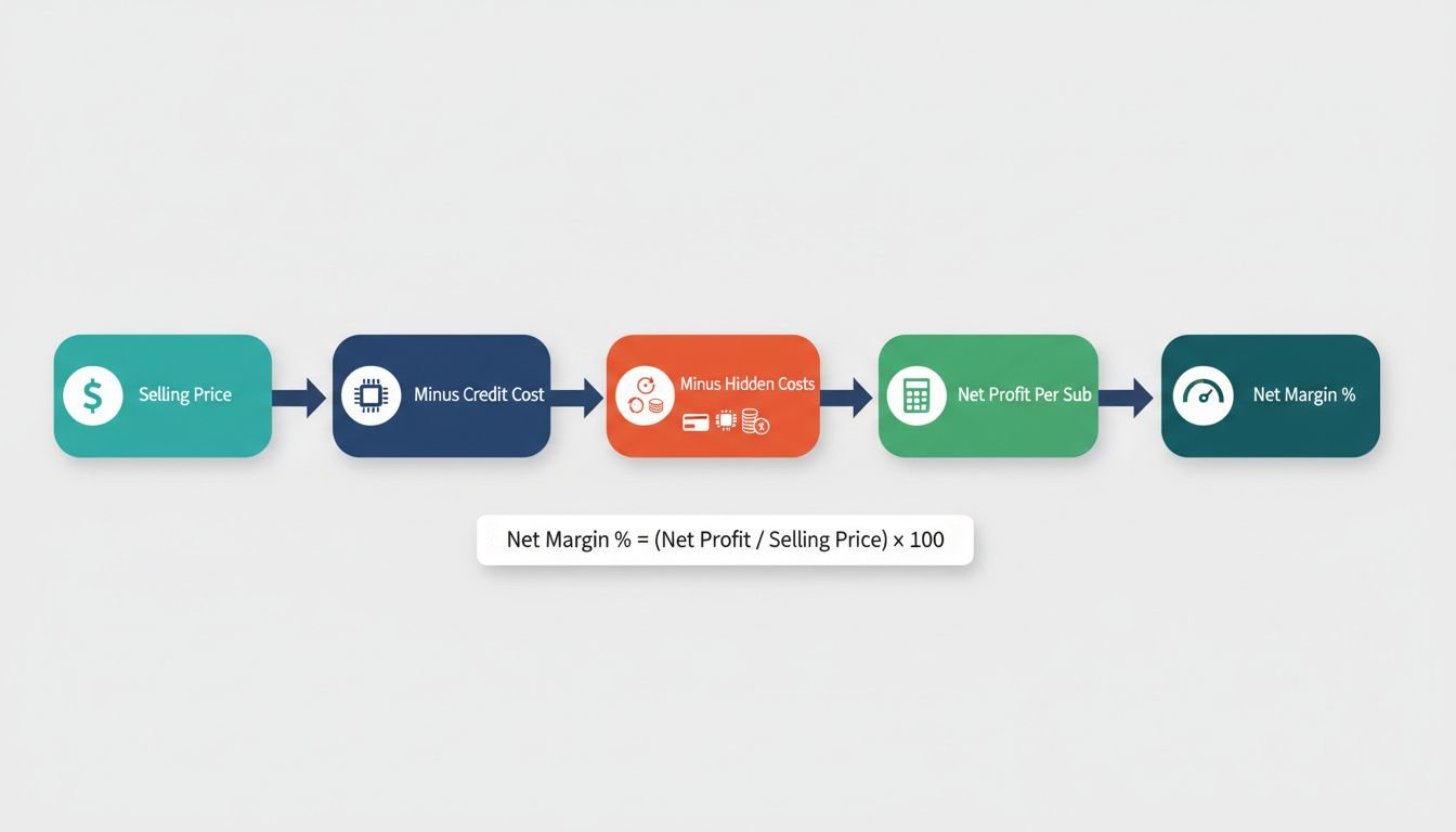 Net Margin Calculation Formula Steps: Landscape process flow diagram in clean flat design showing the step-by-step breakdown