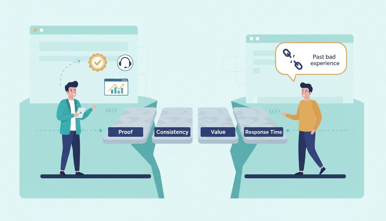 Landscape flat illustration showing the concept of trust-based customer acquisition in a digital marketplace. Center of the i