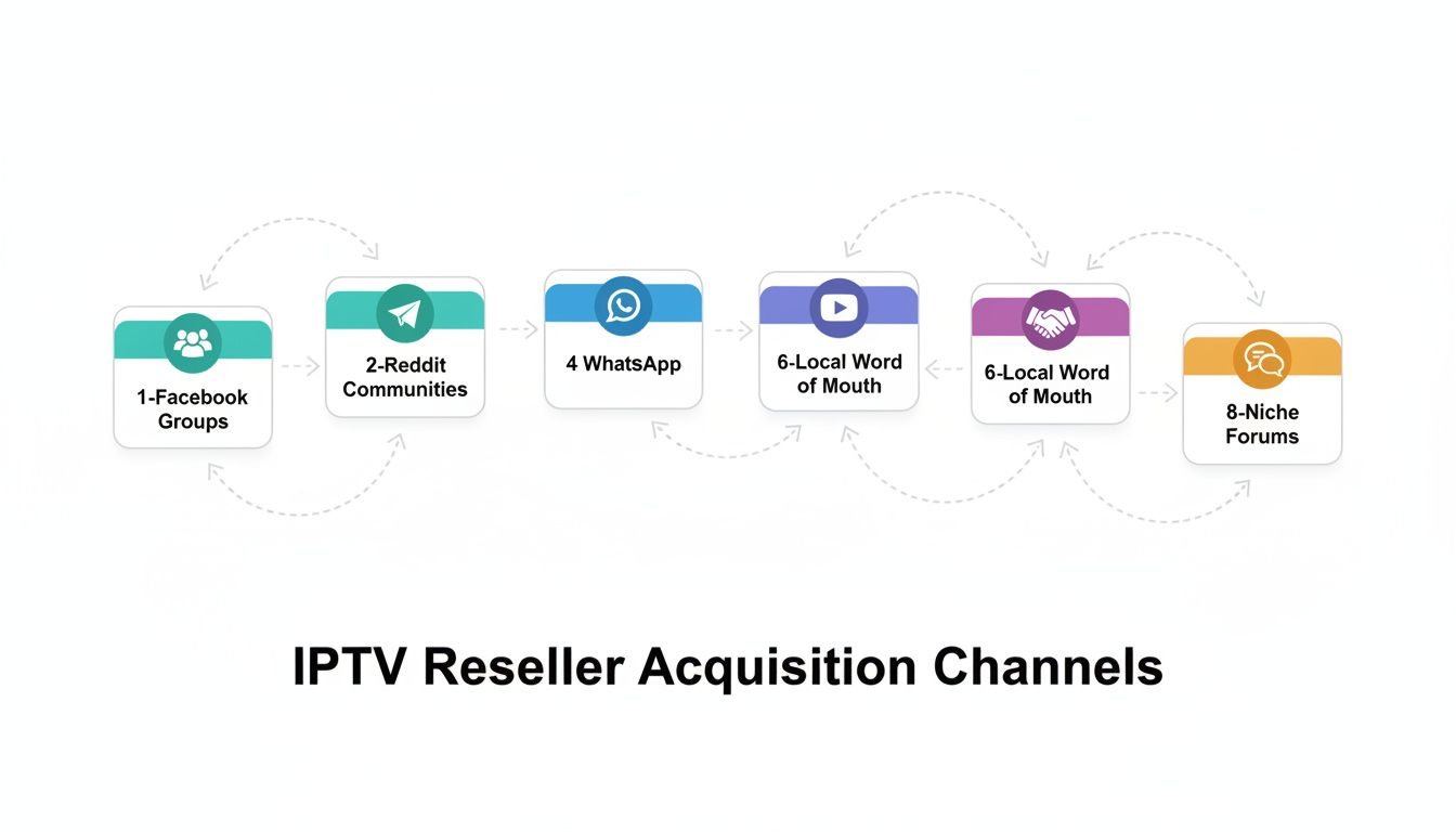 Landscape process flow diagram in isometric flat design style showing 8 numbered acquisition channels for IPTV resellers arra