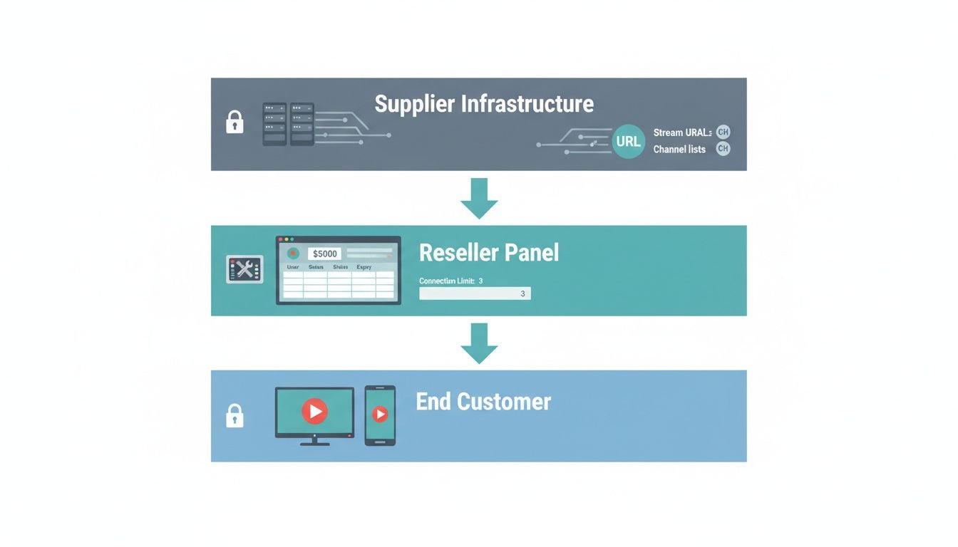 Landscape flat illustration showing the layered architecture of an IPTV reseller business. Three distinct horizontal tiers st