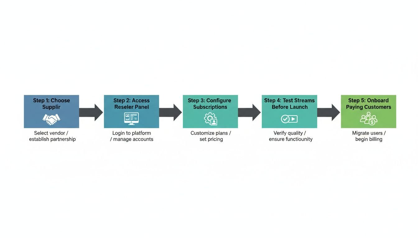 Landscape process flow diagram showing 5 labeled steps in a horizontal left-to-right layout. Step 1: 'Choose Supplier' with a