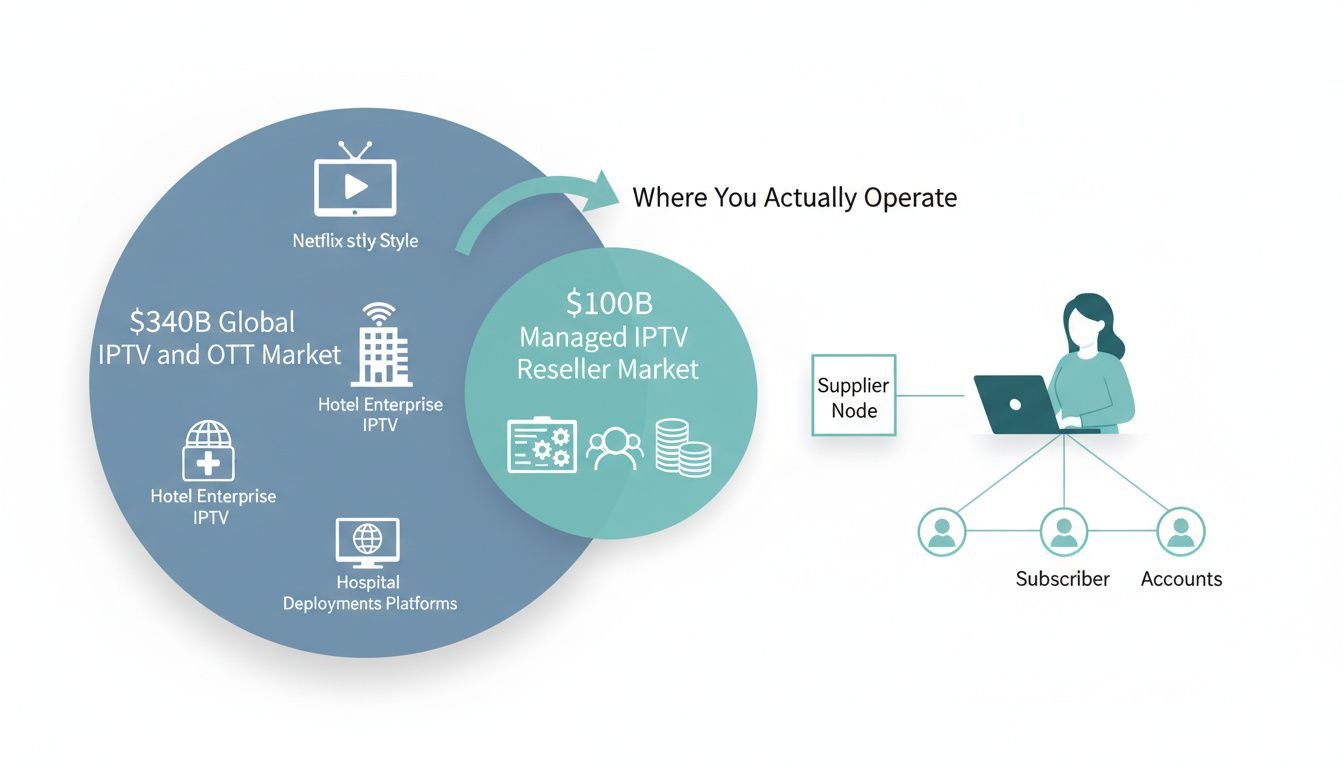Clean flat landscape illustration showing the structural difference between the broad OTT/IPTV market and the narrower resell