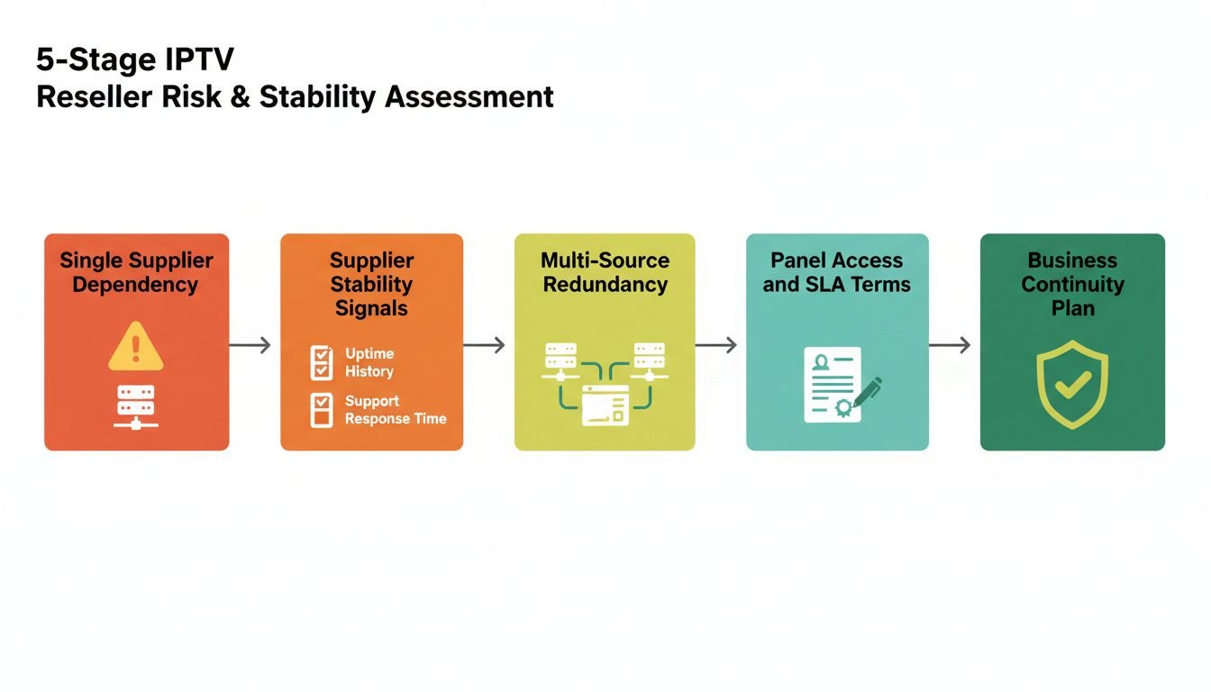 Landscape process flow diagram in flat isometric style showing the 5-stage IPTV reseller risk and stability assessment proces