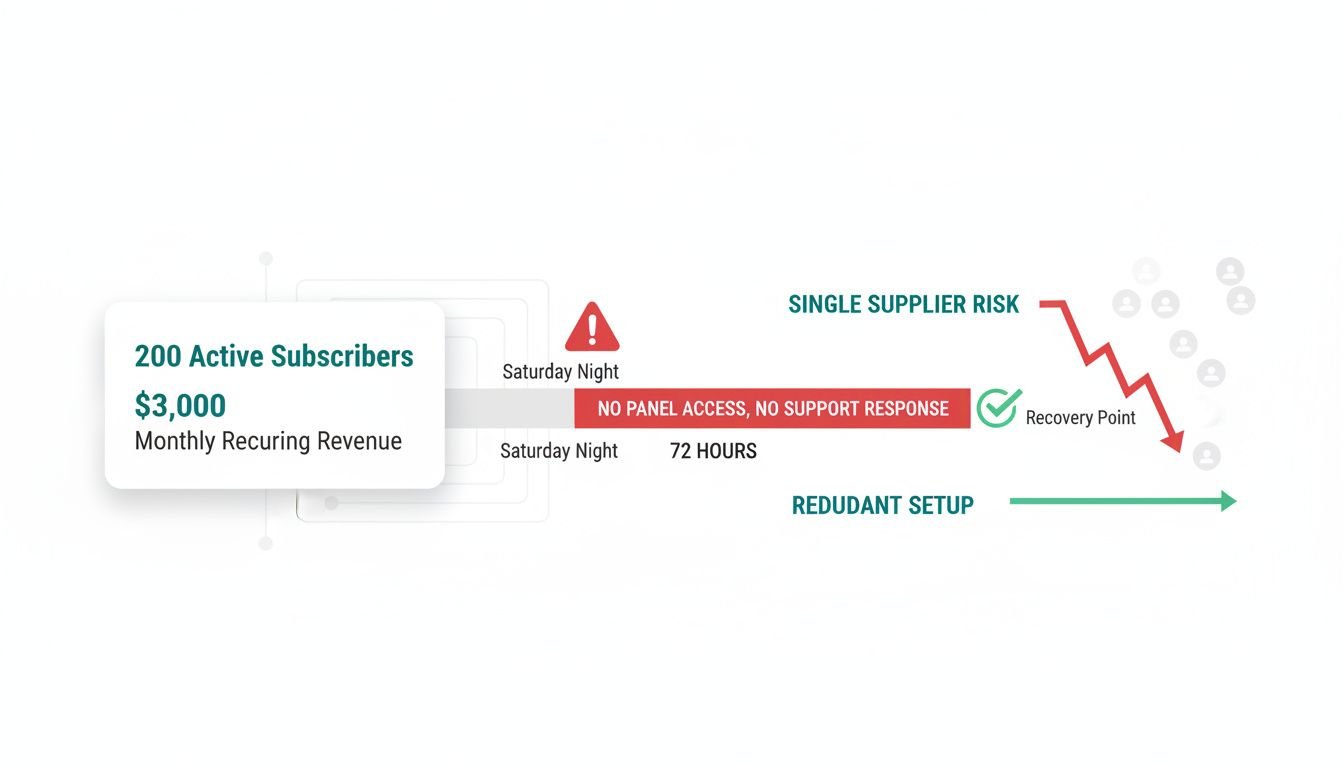 Clean minimal landscape illustration showing a business scenario of a reseller managing 200 active subscribers. Left side sho