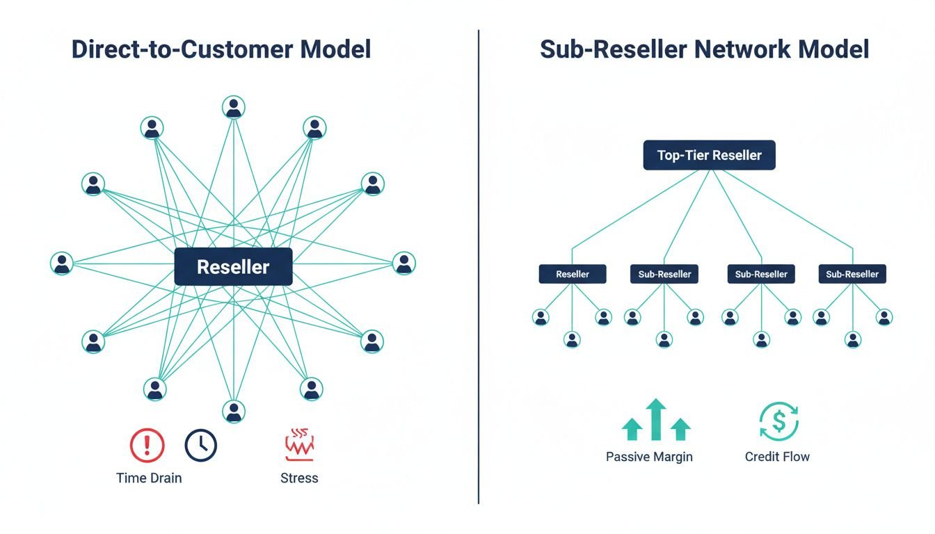 Direct vs Sub-Reseller Model: Landscape flat illustration showing the structural difference between two business models side