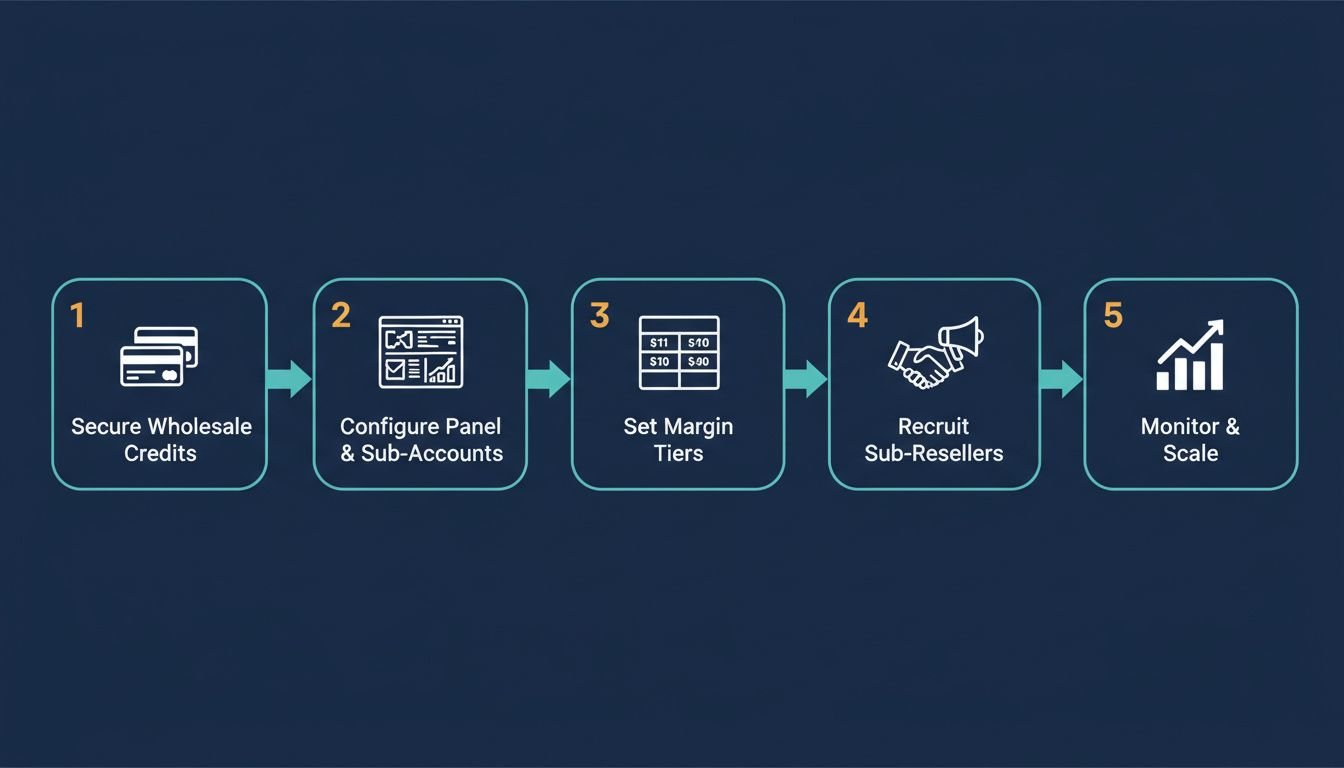 5 Steps to Build a Sub-Reseller Network: Landscape process flow diagram showing 5 clearly labeled steps to building an IPTV s