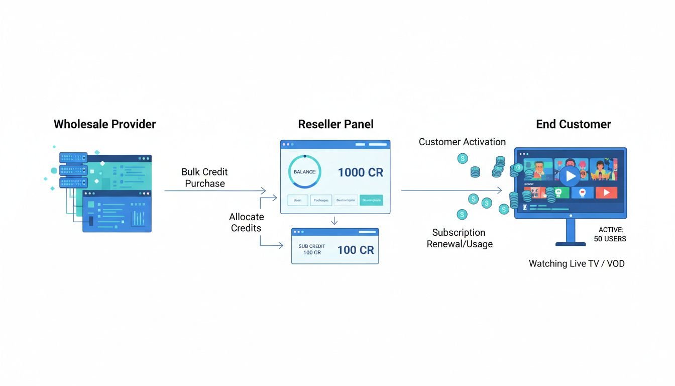 Landscape flat illustration showing the mechanical flow of the IPTV reseller credit system. Three clearly labeled zones arran