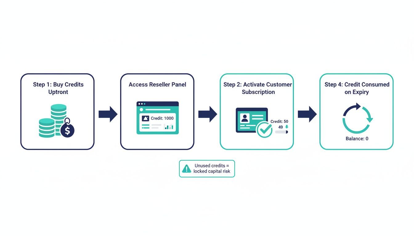 Buy to Consume: Landscape process flow diagram with 4 labeled steps in a clean horizontal layout. Step 1: 'Buy Credits Upfron