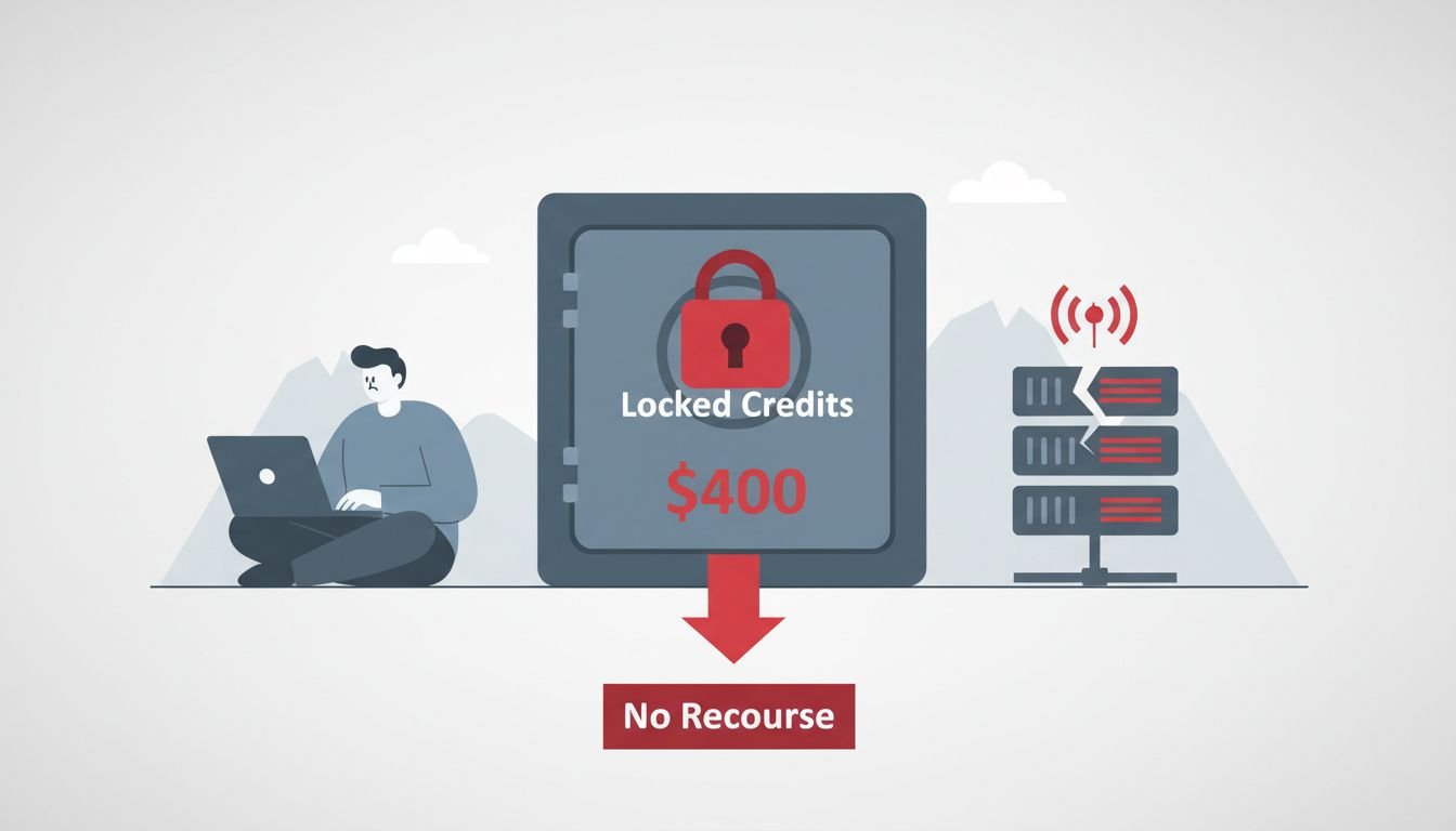 Clean minimal landscape illustration depicting the financial risk of prepaid IPTV reseller credits. A reseller figure sits at