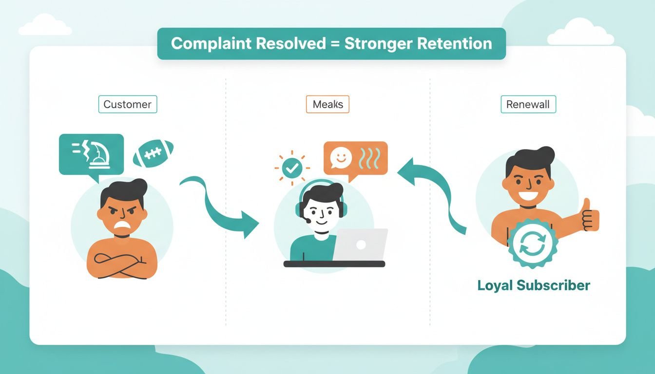 Clean flat landscape illustration showing the concept of a complaint as a retention opportunity. Left side shows an angry cus