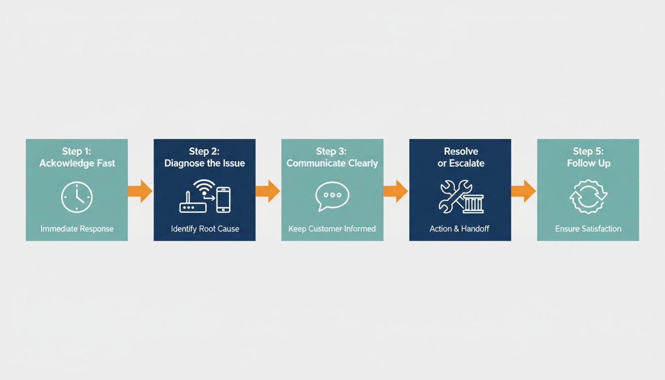 Clean process flow diagram in flat design, landscape orientation, showing 5 labeled steps in handling an IPTV customer compla
