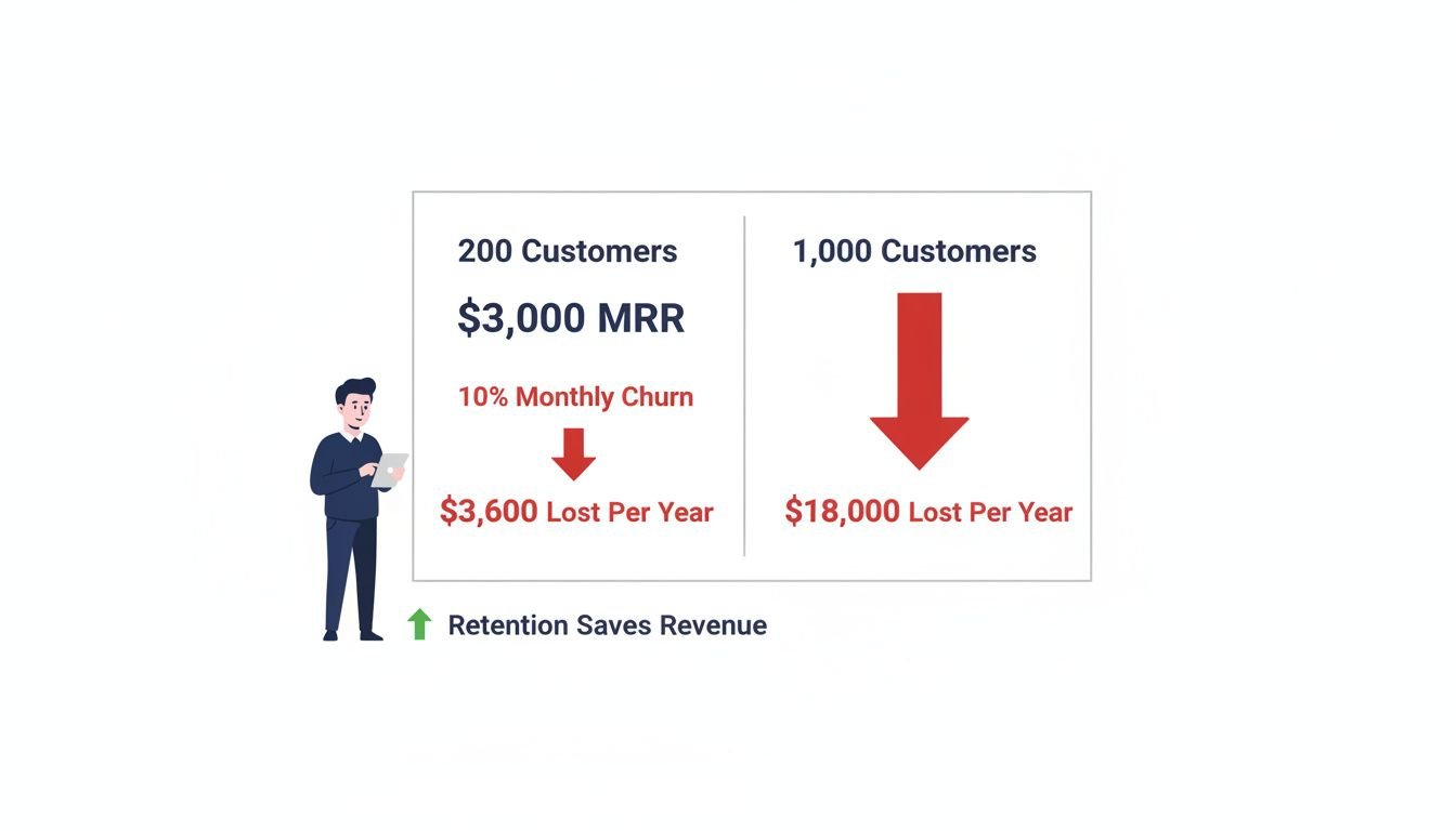 Minimal professional flat illustration in landscape format showing a simple churn cost calculator visual. A clean dashboard p